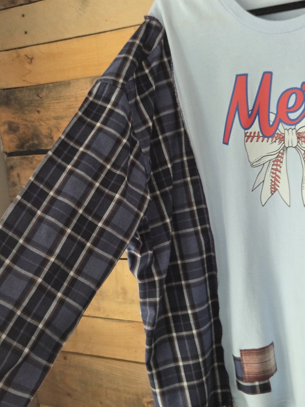 Upcycled Graphic Mets Light Blue T-shirt   & Navy Plaid Long-Sleeve - Picture 7 of 8